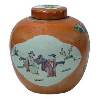 Oriental Orange Base People Graphic Porcelain Round Jar For Sale