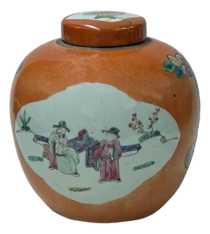 Oriental Orange Base People Graphic Porcelain Round Jar