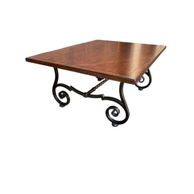 Bernhardt Bernhardt Repertoire Attributed Diamond Inlay Wood Cocktail Coffee Table on Metal Hand-Forged Scrolled Base For Sale - Image 4 of 5