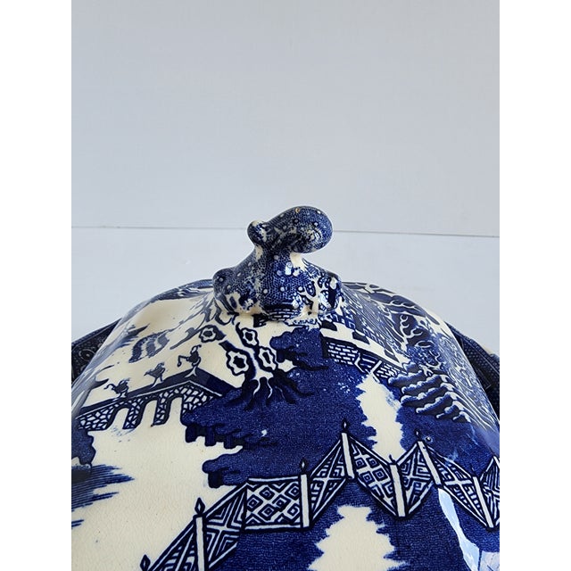 Ceramic Antique Staffordshire Blue Willow Serving Bowl For Sale - Image 7 of 12