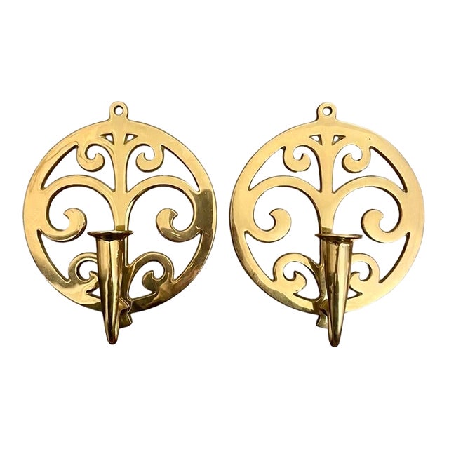 Vintage Polished Brass “Tree of Life” Round Wall Sconces, Candlestick Sconces For Sale