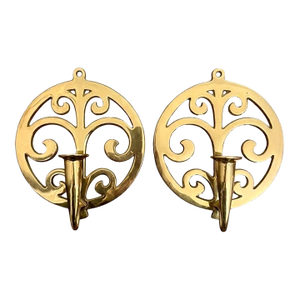 Vintage Polished Brass “Tree of Life” Round Wall Sconces, Candlestick Sconces