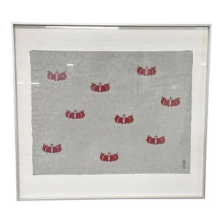 Framed Japanese Style Print With Red Pomegranate Pattern on Textured Paper For Sale
