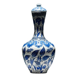Handmade Ceramic Lidded Vase (30cm) – Blue & White Tulips & Cloud Collar – Classic Iznik Decor For Sale