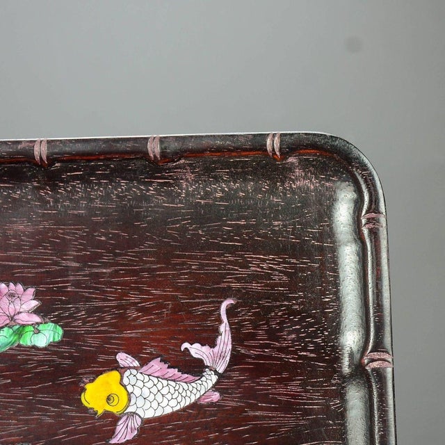 Shell 1990s Rosewood & Mother-of-Pearl Inlay Tea Tray – Koi Fish & Lotus Motif For Sale - Image 7 of 8