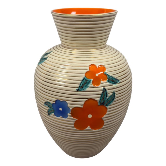 Vintage Beige and Orange Ceramic Vase with Relief Flowers from Umbertide Fornaci For Sale