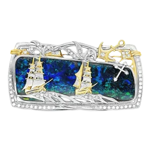 72.25 Carat Australian Boulder Opal Platinum & 18k Yellow Gold Ship-At-Sea Brooch