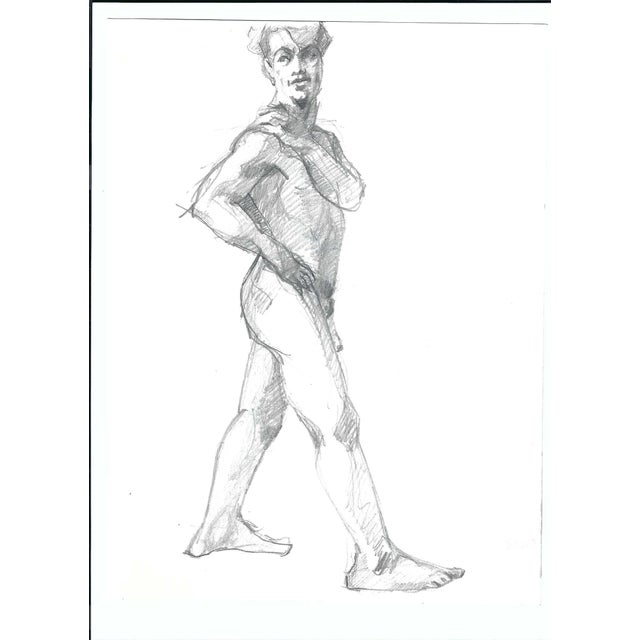 Figurative 1970s John Reilly Standing Male Nude Drawing For Sale - Image 3 of 3