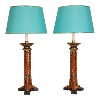 Vintage Italian Lamps Neoclassical Column Lamps Turned Burl Wood Table Lamps - A Pair For Sale
