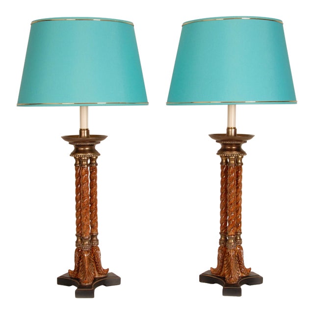 Vintage Italian Lamps Neoclassical Column Lamps Turned Burl Wood Table Lamps - A Pair For Sale