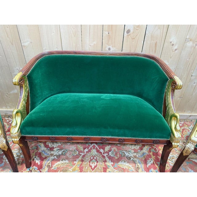 Traditional Empire Mahogany Sofa and Armchairs with Gilded Swan Heads, 1950s, Set of 3 For Sale - Image 3 of 9