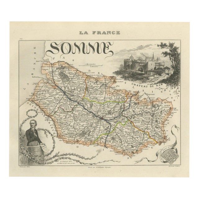 Antique Map of the Somme with Amiens and Abbeville, 1860 For Sale