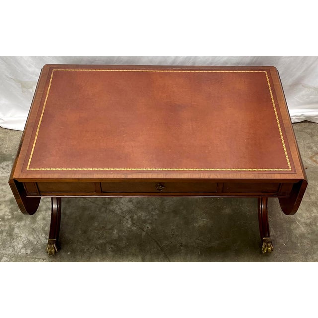 Vintage Duncan Phyfe Style Mahogany Leather Top Drop Leaf Coffee Table