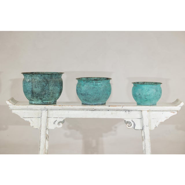 Vintage Indian Copper Cachepots with Aged Turquoise Patina -Set of 3 For Sale - Image 9 of 18