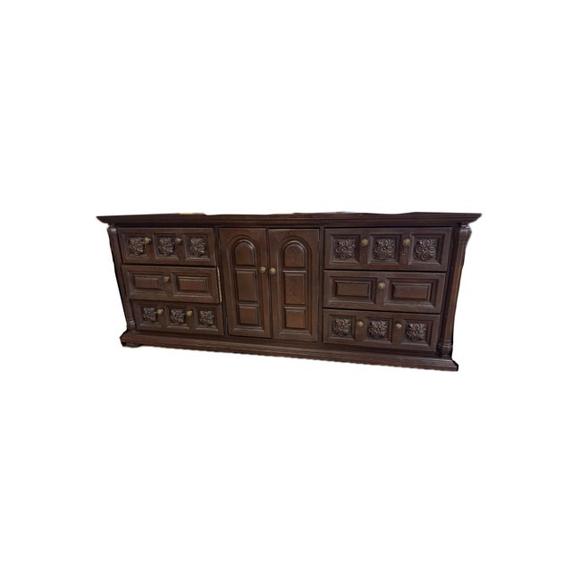 Vintage Spanish Revival Carved Wood Dresser & Matching Mirror Set For Sale - Image 4 of 11