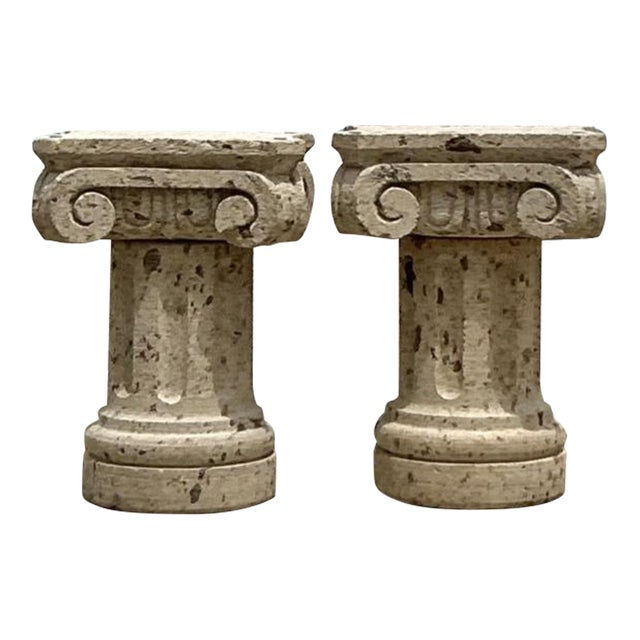 Vintage Boho Carved Sandstone Dining Table Pedestals - Set of 2 For Sale