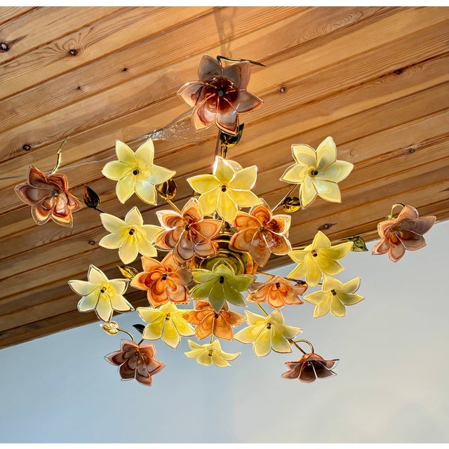 1980s Italian Floral Glass Flush Mount With 21 Yellow & Brown Murano Style Flowers For Sale - Image 10 of 18