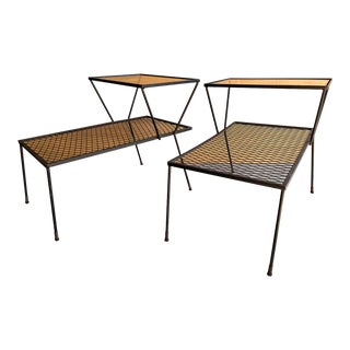 1950s Mid Century Iron and Glass Stepped Tables a Pair For Sale