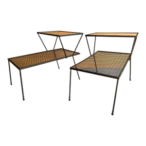 1950s Mid Century Iron and Glass Stepped Tables a Pair