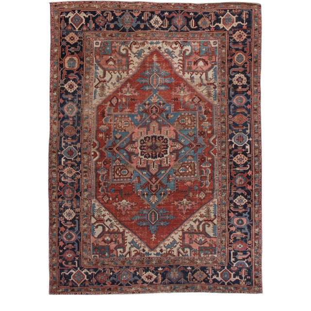 Antique Serapi Red Handmade Medallion Floral Wool Rug For Sale