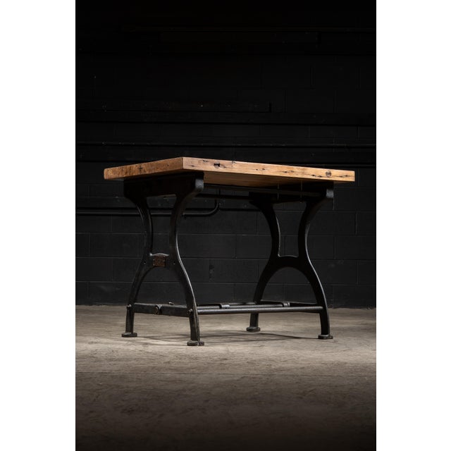 Industrial Industrial Oak Table on Antique Cast Iron Base For Sale - Image 3 of 14
