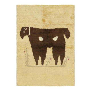 Vintage Turkish Rug in Beige-Cream With Brown Animal Pictorial - Rug & Kilim For Sale