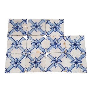 Antique Set of Eleven 18th Century Portuguese Floral Trellis Tiles in Cobalt Blue & White For Sale
