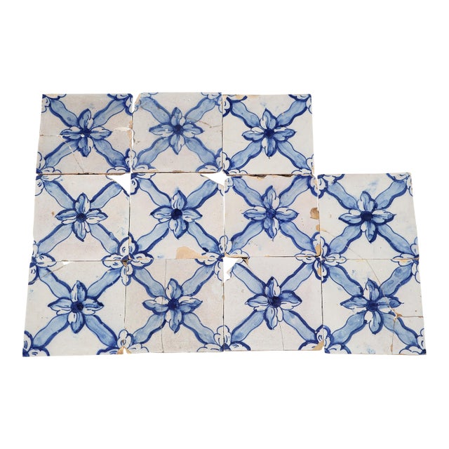 Antique Set of Eleven 18th Century Portuguese Floral Trellis Tiles in Cobalt Blue & White For Sale