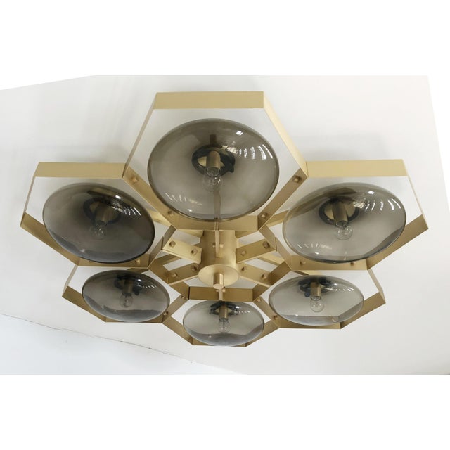 Italian midcentury flush mount with six smoky Murano glass shades mounted on solid brass frame in satin brass finish /...