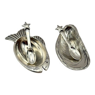Mid-Century Silver Open Salt Cellars With Starfish Spoons – Fish & Shell Nautical Set- 4 Pieces For Sale