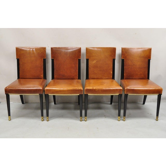 Late 20th Century French Art Deco Style Brown Leather Ebonized Frame Dining Chairs - Set of 8 For Sale - Image 9 of 12