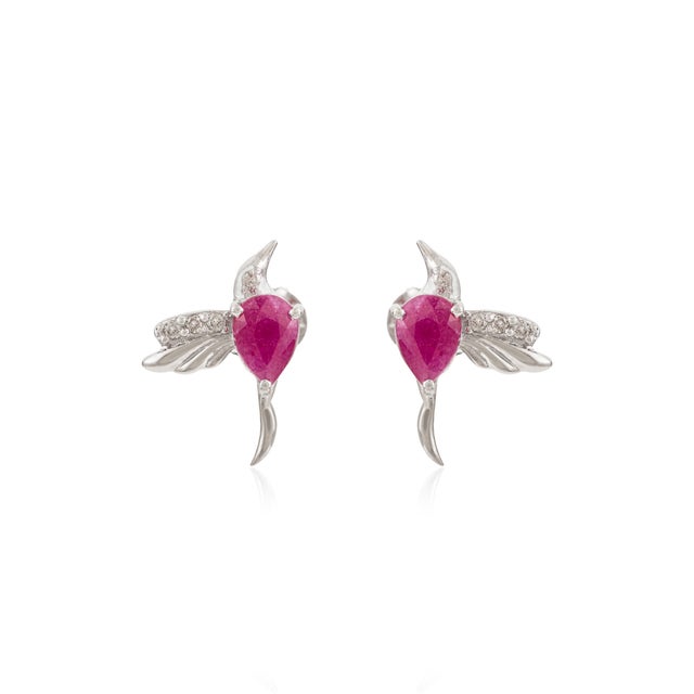 Art Deco Elegant Solid Silver Ruby & Diamond Bird Motif Stud Earrings- A Pair For Sale - Image 3 of 11