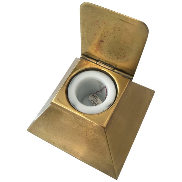 1930s Egyptian Revival Brass Pyramid Inkwell With Milk Glass Holder For Sale