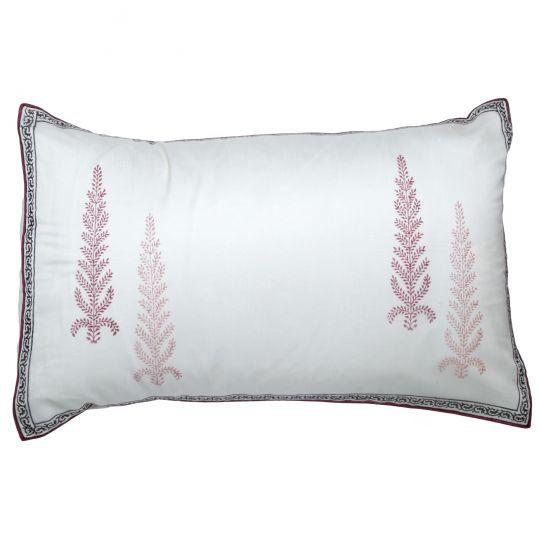 The Juniper pillow case depicts a stylized juniper tree motif in a wine and pale pink color palette, finished with a...