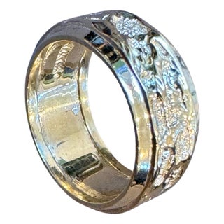 14 Karat Yellow Gold Classic Wide Wedding Band With Design Ring, Unisex Size 4.5 For Sale