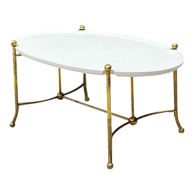 Vintage Brass and Wood Oval Coffee Table For Sale