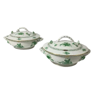 Chinese Bouquet Apponyi Green Porcelain Tureens with Handles from Herend, Set of 2