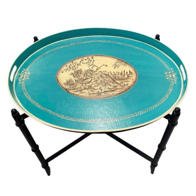 2000 - 2009 Vintage Chinoiserie-Style Teal and Black Metal Tray Table For Sale - Image 5 of 11
