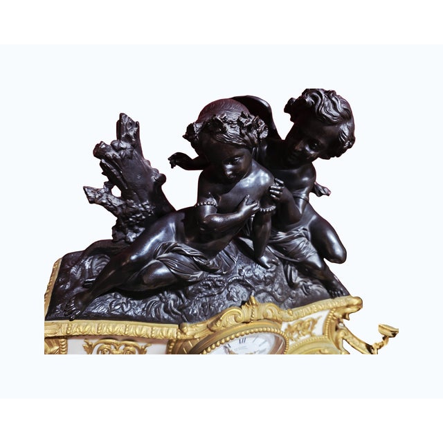 Antique French Denière Bronze & Marble Clock Garniture Set - Cherubs, 3-Piece, 19th Century For Sale - Image 9 of 18