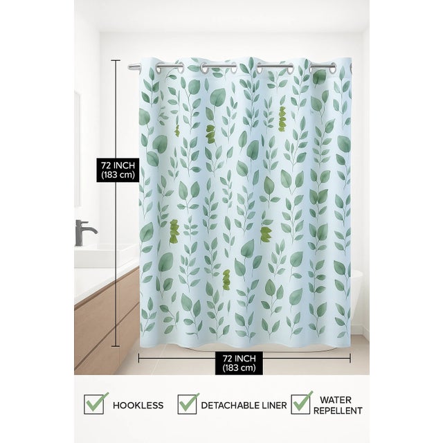 Floral Hookless Shower Curtain 71Wx74L, No Hooks Needed, Snap-in Washable Liner For Sale - Image 6 of 7