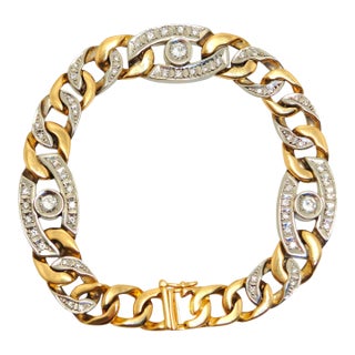 Late 20th Century Large 18k Yellow Gold & Platinum Curb Link Diamond Bracelet For Sale