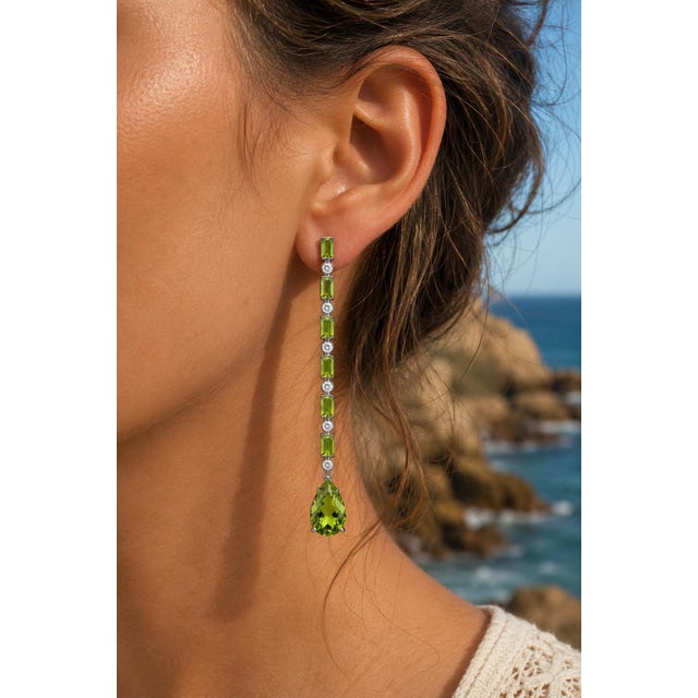 Modern Peridot Long Drop Earrings, Silver, Gold, Pair For Sale - Image 3 of 10