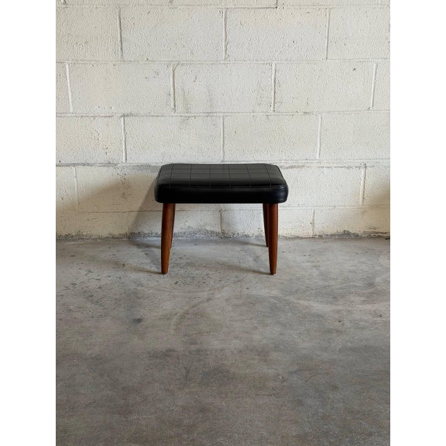 Vintage Danish Modern Ottoman Footstool Black Vinyl Teak Mid Century Scandinavian Stool For Sale In Los Angeles - Image 6 of 8