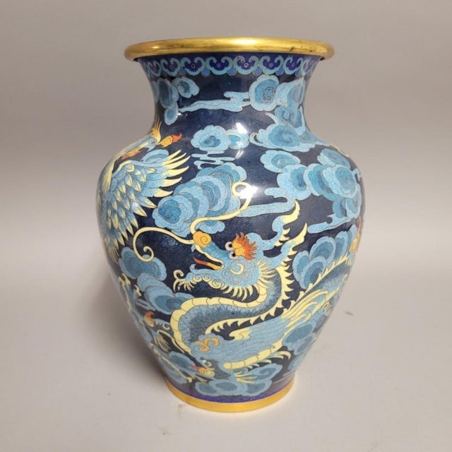 Chinese Cloisonné Vase With Dragon and Phoenix on Blue Ground, Mid-20th Century For Sale - Image 4 of 13