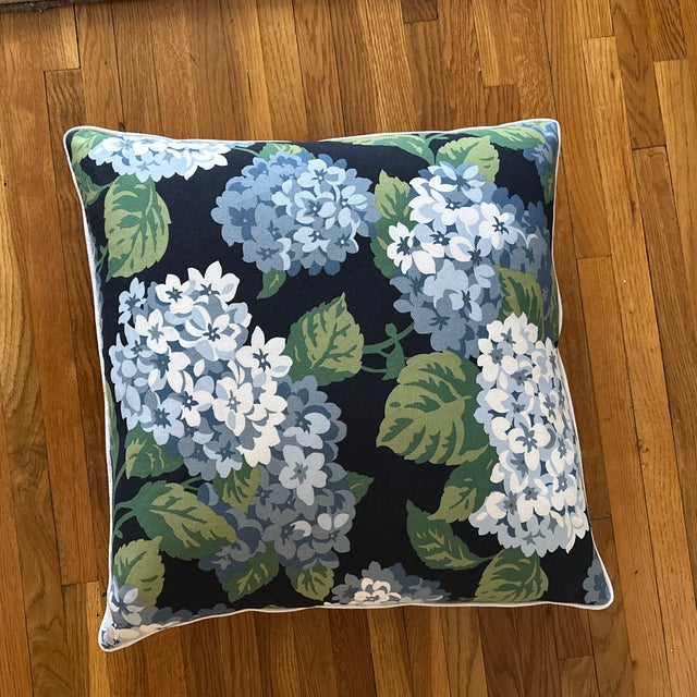 Handcrafted decorative pillowcase, cotton/linen double sided floral white, blue Hydrangeas and green leaf with navy blue...