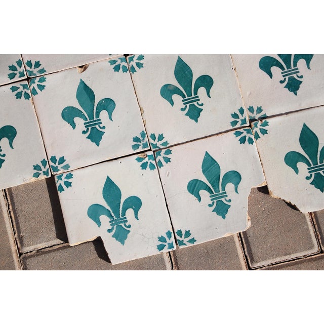 Antique 19th Century Portuguese Heraldic Motif Tiles With Teal Fleur-De-Lis Set of 28 For Sale - Image 12 of 14