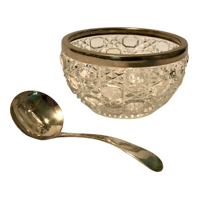 English Cut Crystal Silver Rim Jam Dish With Serving Spoon Set - 2 Pieces For Sale