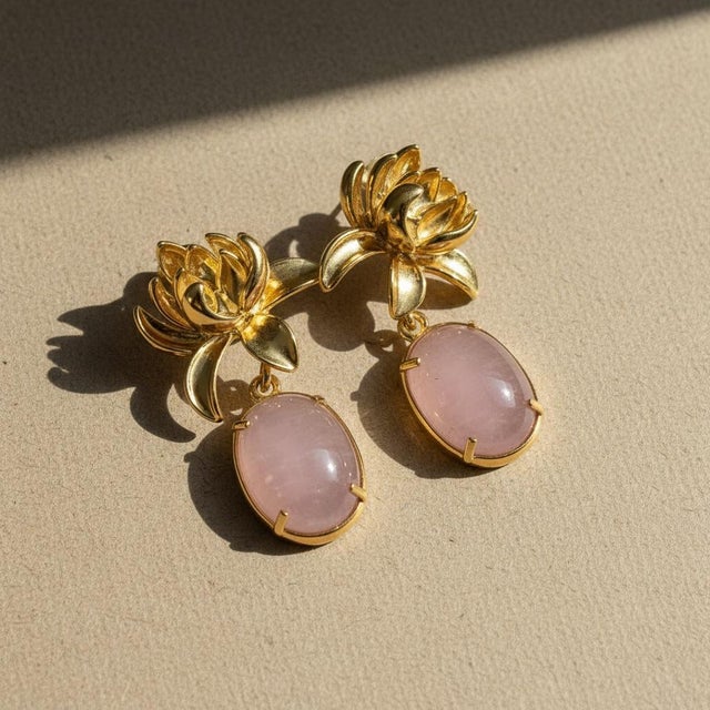 Lotus Rose Quartz Drop Earrings, Pair For Sale - Image 9 of 9