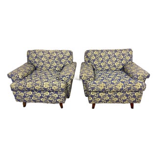 Mid 20th Century Blue Shiny & Matt Lime Green Floral Upholstery Club Lounge Chair For Sale