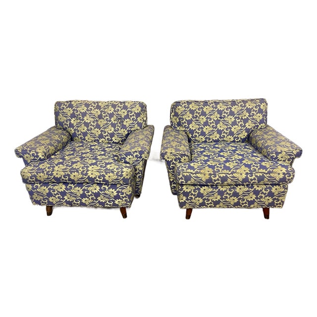 Mid 20th Century Blue Shiny & Matt Lime Green Floral Upholstery Club Lounge Chair For Sale